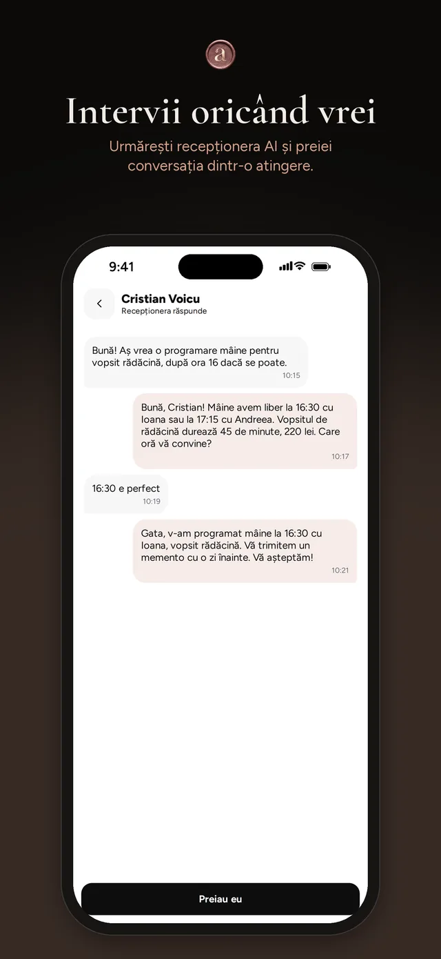 Conversația purtată de recepționista AI, pe care echipa o poate prelua oricând