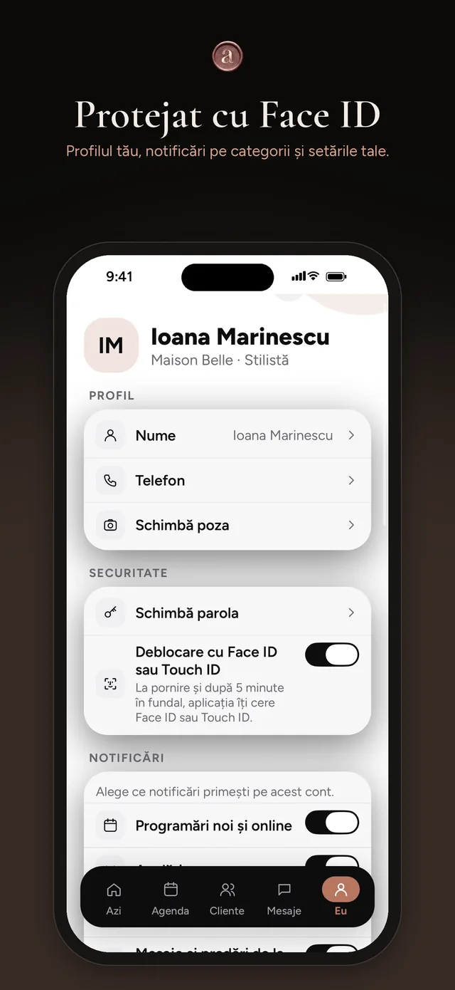Profilul, notificările pe categorii și deblocarea cu fața sau cu amprenta