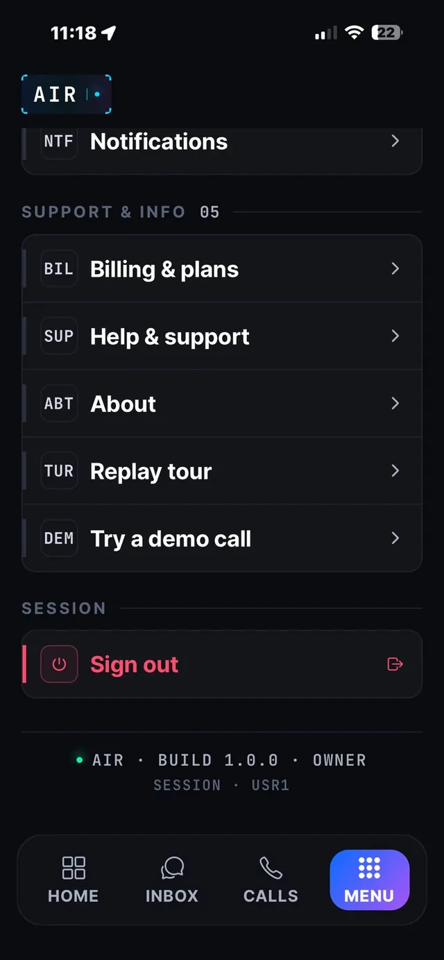 Meniul: facturare, ajutor, apel demo