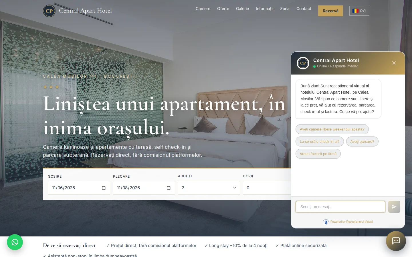 Elena pe chat: răspunde despre camere, prețuri, parcare, check-in și facturi