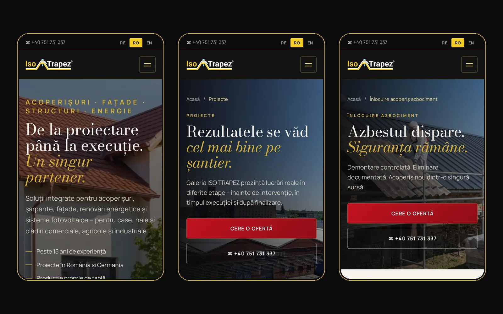 Pe telefon: prima pagină, proiectele și o pagină de serviciu