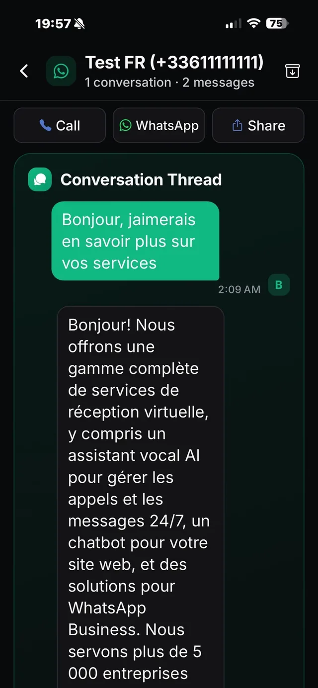 Firul unei conversații, cu apel și WhatsApp dintr-o atingere